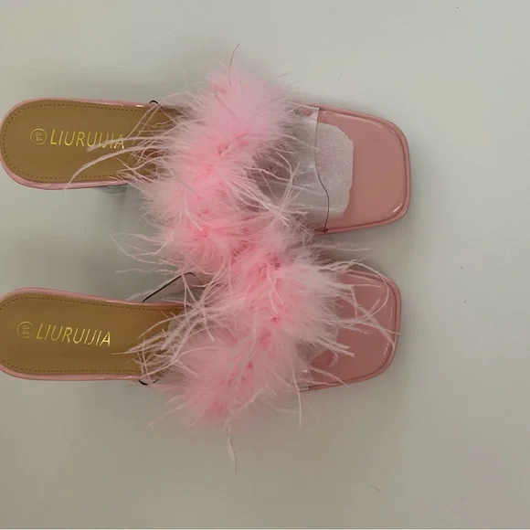 LIURUIJIA Square Toe Feathers High Heel Fur Mules Sandals Size 44 (US 11.5) - Picture 4 of 10